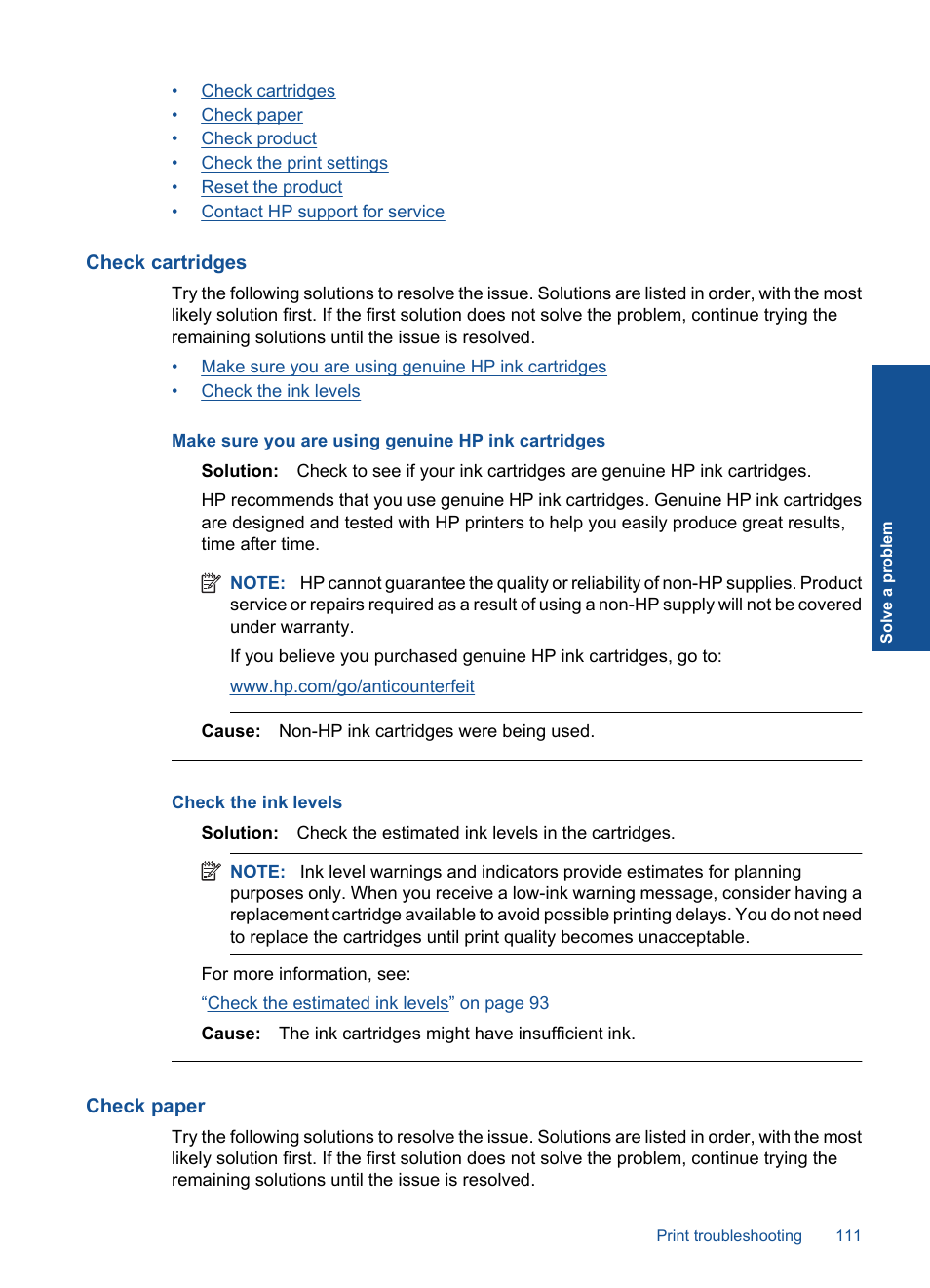 Check cartridges, Check paper | HP Photosmart Premium TouchSmart Web C309 User Manual | Page 114 / 209