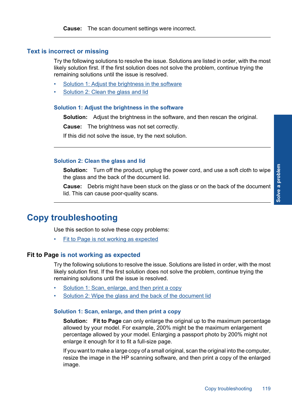 Text is incorrect or missing, Copy troubleshooting | HP Photosmart Premium TouchSmart Web C309 User Manual | Page 122 / 209