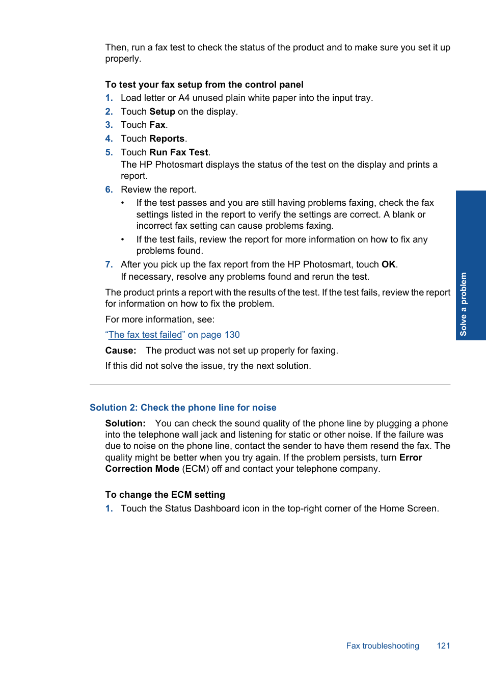 Solution 2: check the phone line for noise | HP Photosmart Premium TouchSmart Web C309 User Manual | Page 124 / 209