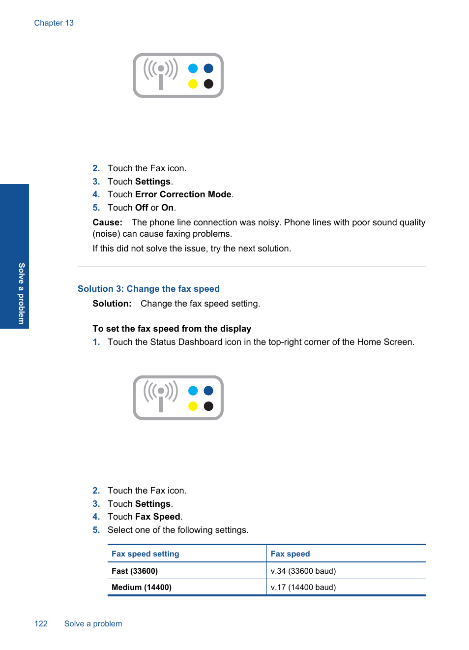 Solution 3: change the fax speed | HP Photosmart Premium TouchSmart Web C309 User Manual | Page 125 / 209