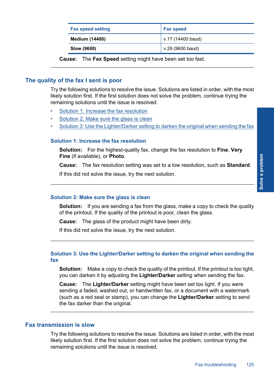 The quality of the fax i sent is poor, Fax transmission is slow | HP Photosmart Premium TouchSmart Web C309 User Manual | Page 128 / 209