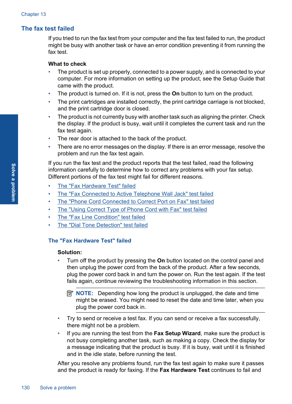 The fax test failed | HP Photosmart Premium TouchSmart Web C309 User Manual | Page 133 / 209