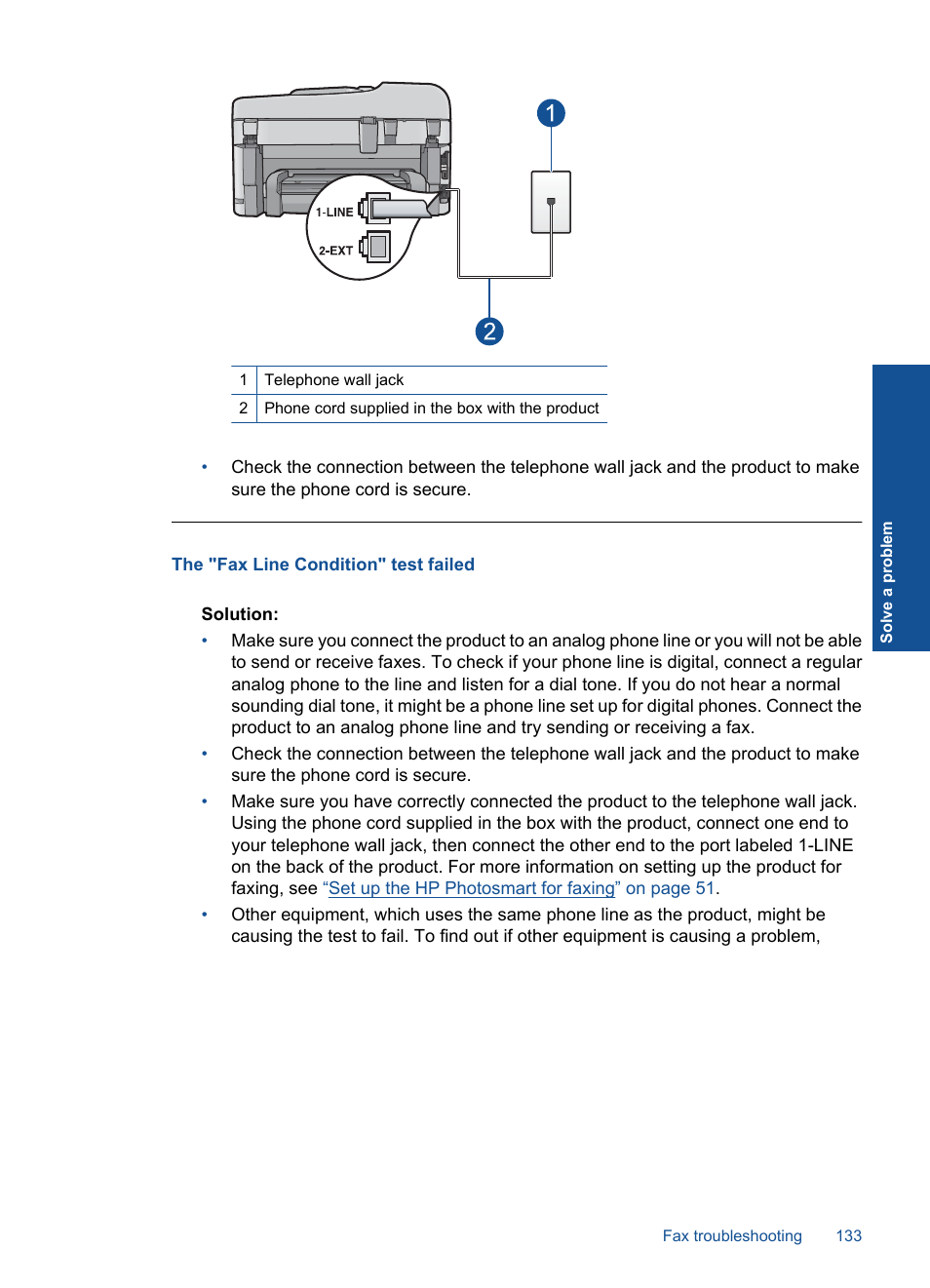 The "fax line condition" test failed | HP Photosmart Premium TouchSmart Web C309 User Manual | Page 136 / 209