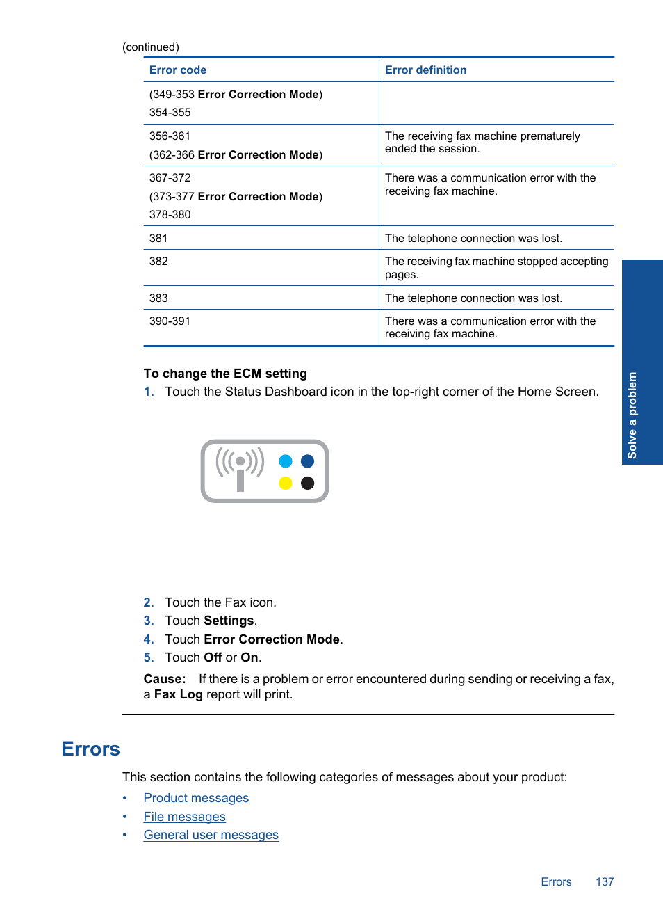 Errors | HP Photosmart Premium TouchSmart Web C309 User Manual | Page 140 / 209