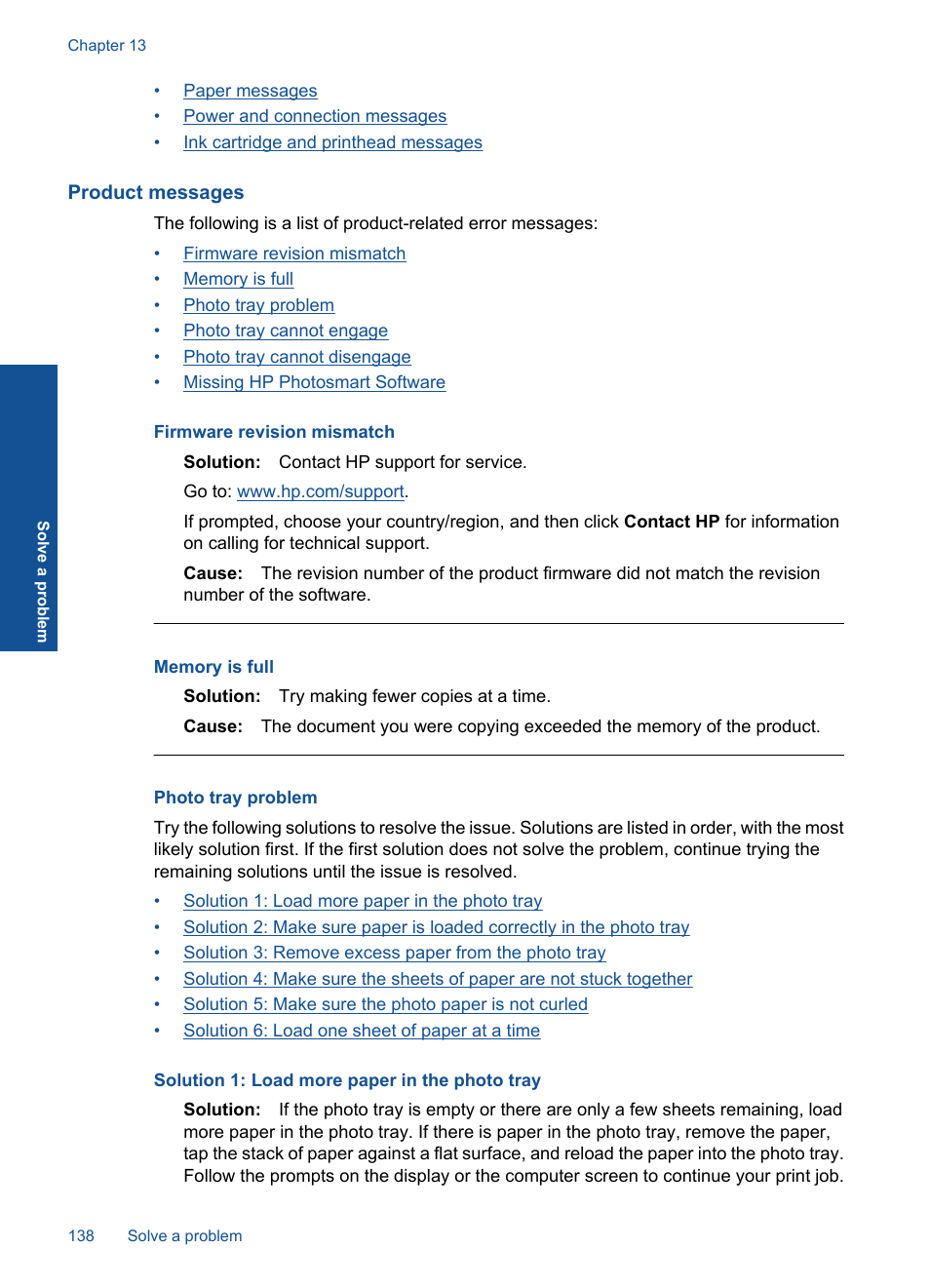 Product messages, Photo tray problem | HP Photosmart Premium TouchSmart Web C309 User Manual | Page 141 / 209