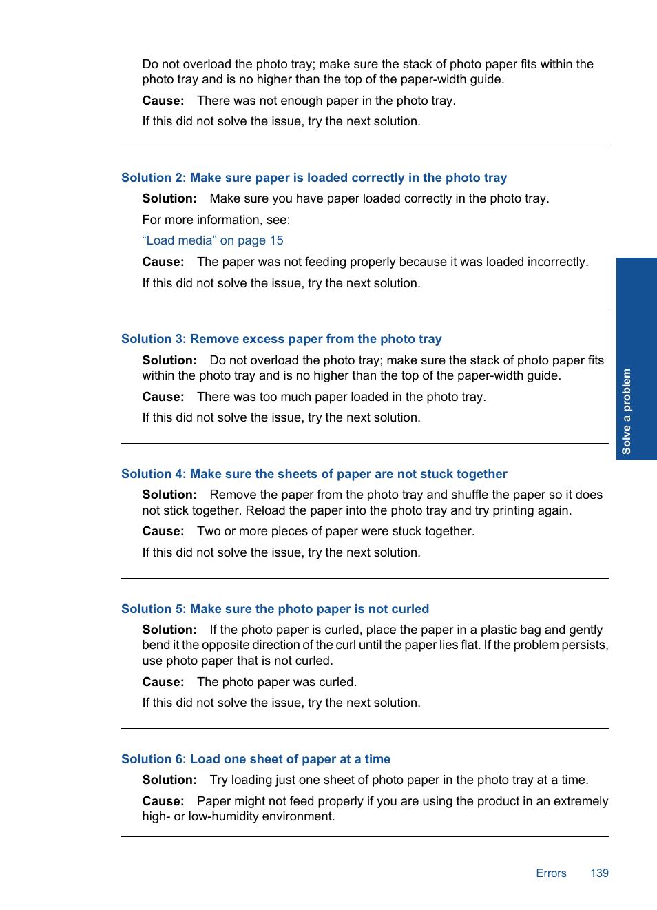 Solution 6: load one sheet of paper at a time | HP Photosmart Premium TouchSmart Web C309 User Manual | Page 142 / 209