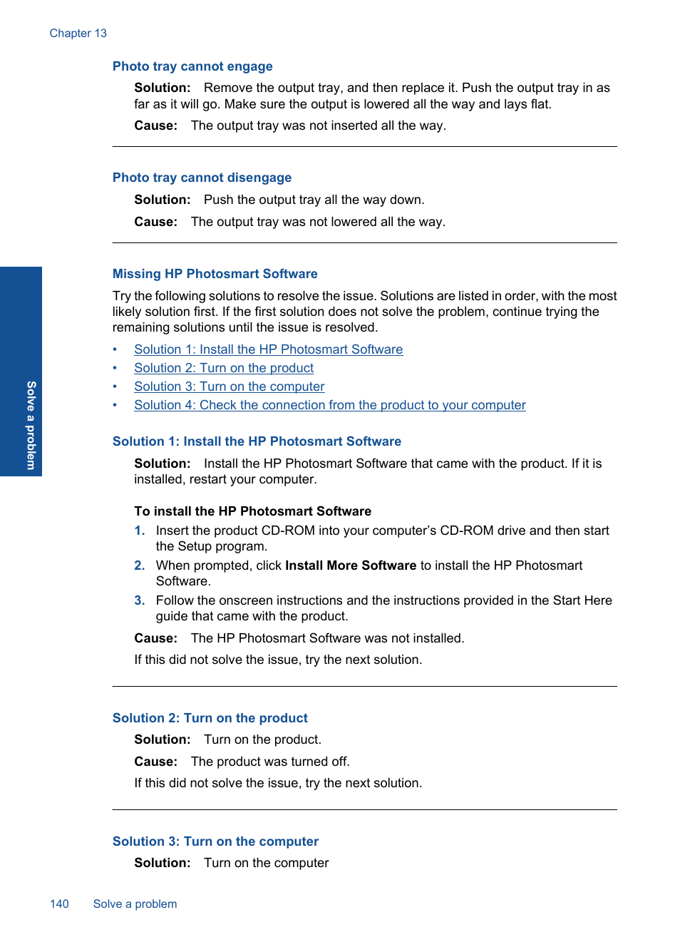 Missing hp photosmart software, Photo tray cannot engage, Photo tray cannot disengage | HP Photosmart Premium TouchSmart Web C309 User Manual | Page 143 / 209
