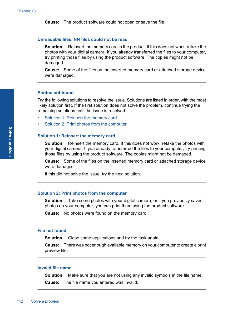 Photos not found, Unreadable files. nn files could not be read, File not found | Invalid file name | HP Photosmart Premium TouchSmart Web C309 User Manual | Page 145 / 209