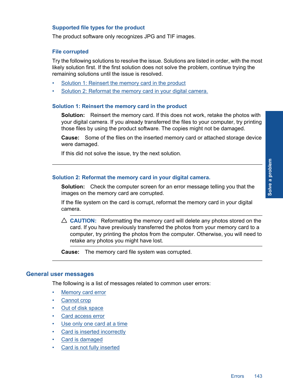 Supported file types for the product, File corrupted, General user messages | HP Photosmart Premium TouchSmart Web C309 User Manual | Page 146 / 209