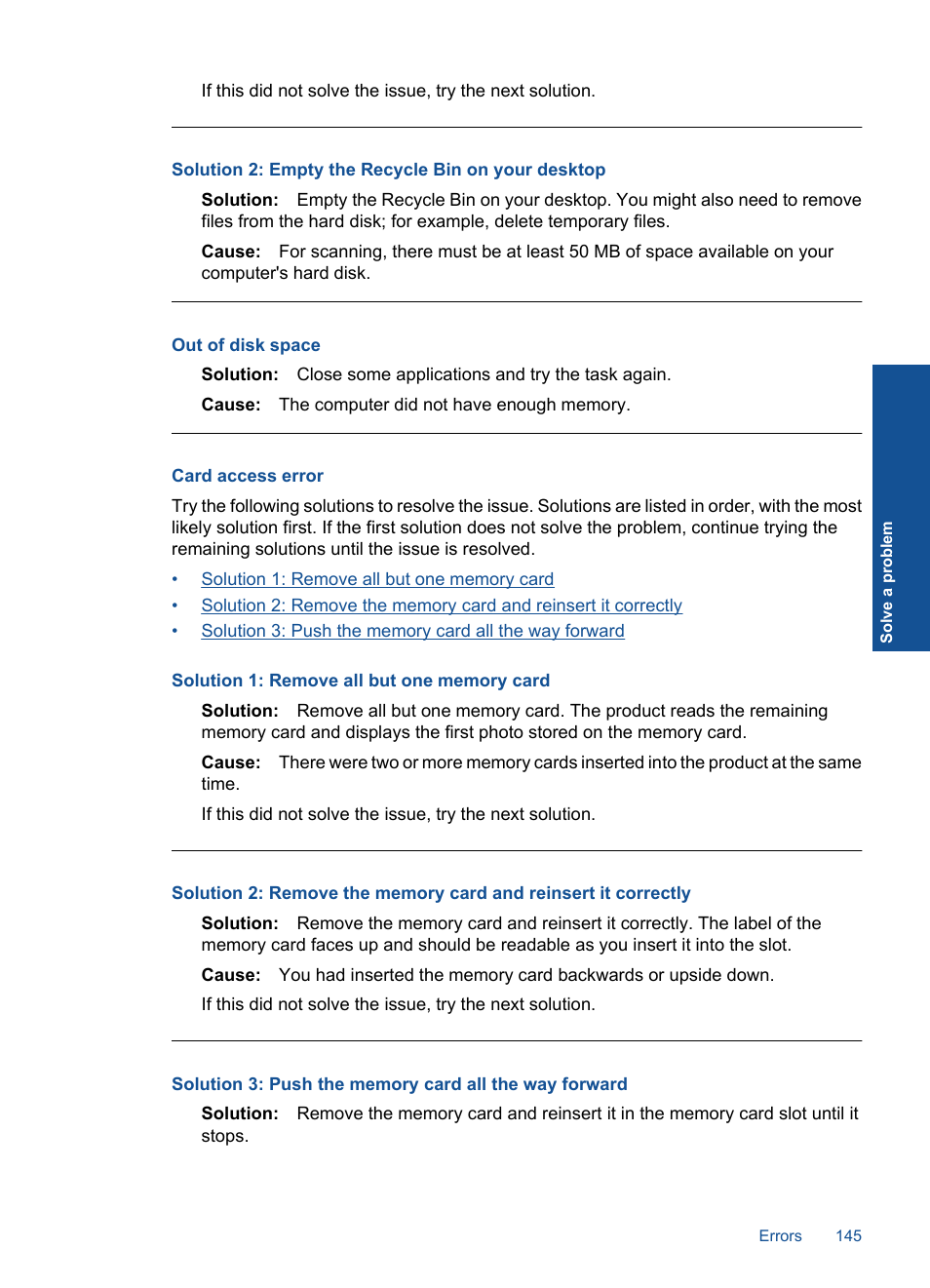 Card access error, Out of disk space, Solution 2: empty the recycle bin on your desktop | HP Photosmart Premium TouchSmart Web C309 User Manual | Page 148 / 209