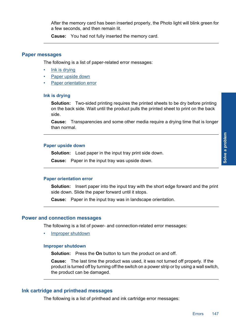 Paper messages, Power and connection messages, Ink cartridge and printhead messages | HP Photosmart Premium TouchSmart Web C309 User Manual | Page 150 / 209