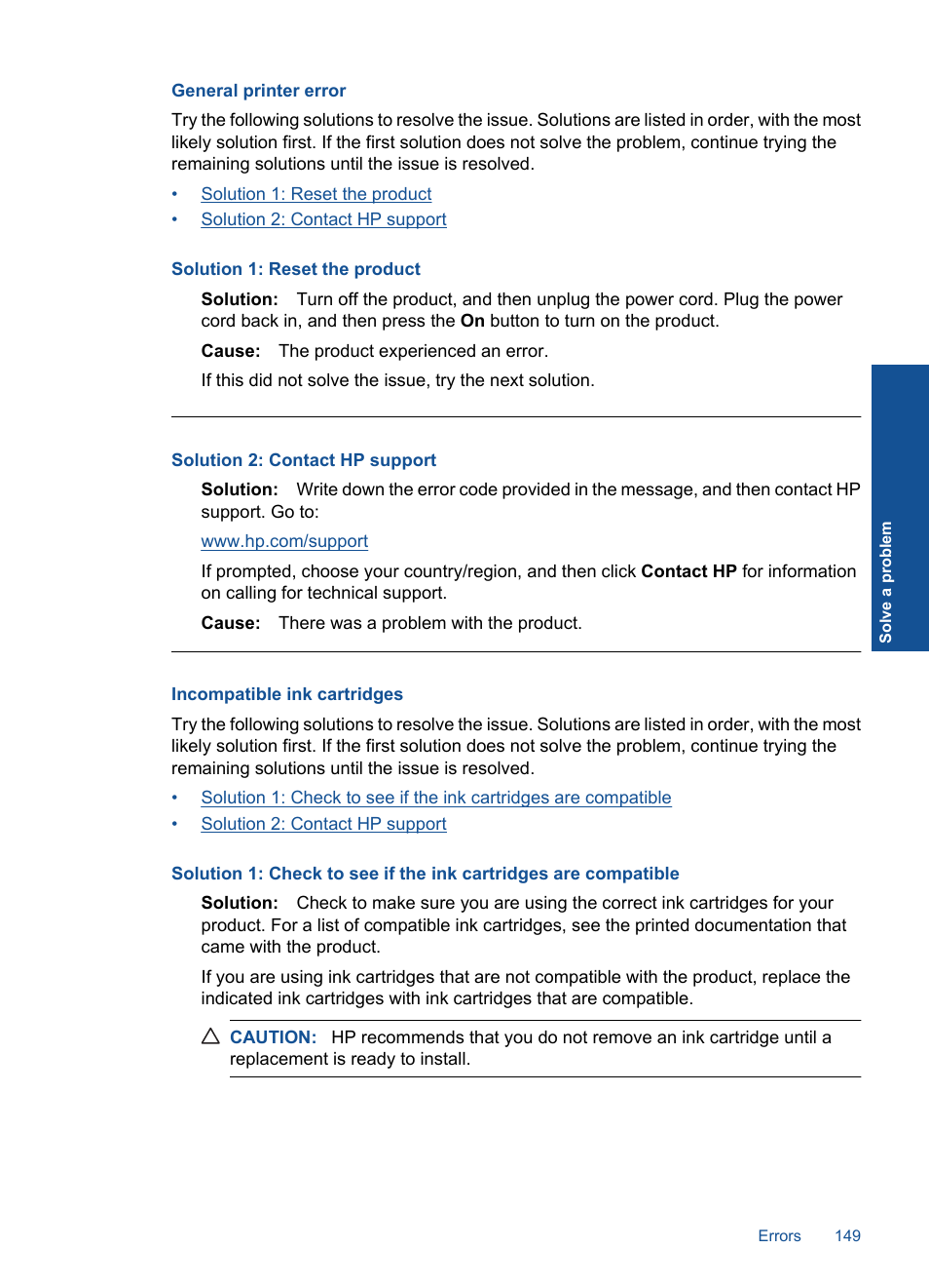 General printer error, Incompatible ink cartridges | HP Photosmart Premium TouchSmart Web C309 User Manual | Page 152 / 209