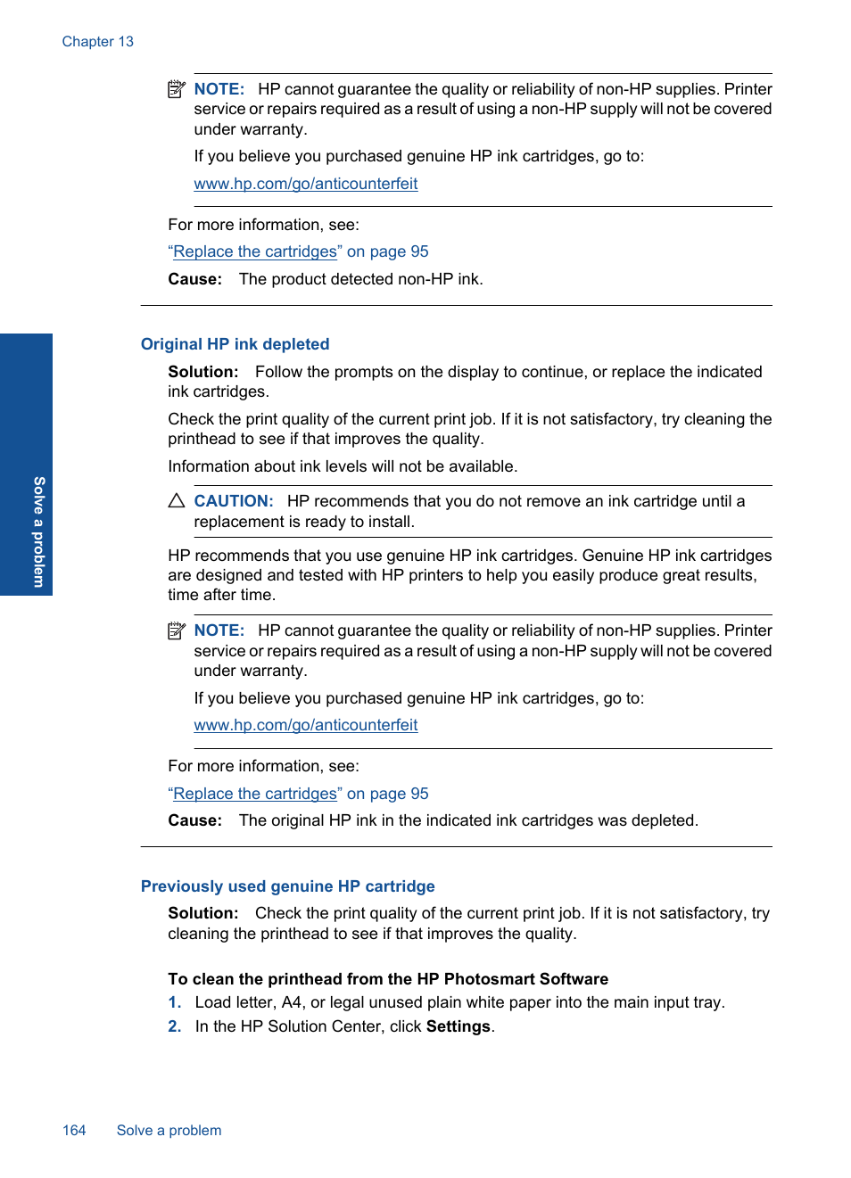 Original hp ink depleted, Previously used genuine hp cartridge | HP Photosmart Premium TouchSmart Web C309 User Manual | Page 167 / 209