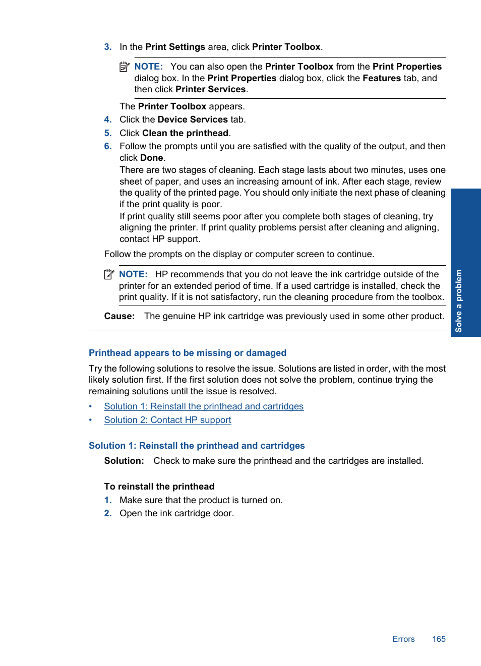 Printhead appears to be missing or damaged | HP Photosmart Premium TouchSmart Web C309 User Manual | Page 168 / 209