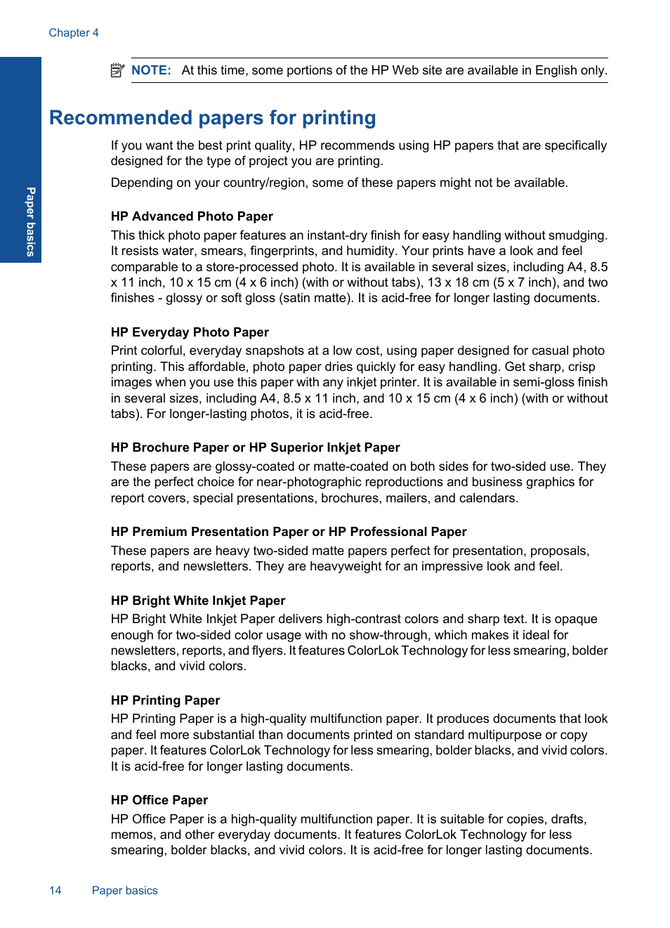 Recommended papers for printing | HP Photosmart Premium TouchSmart Web C309 User Manual | Page 17 / 209