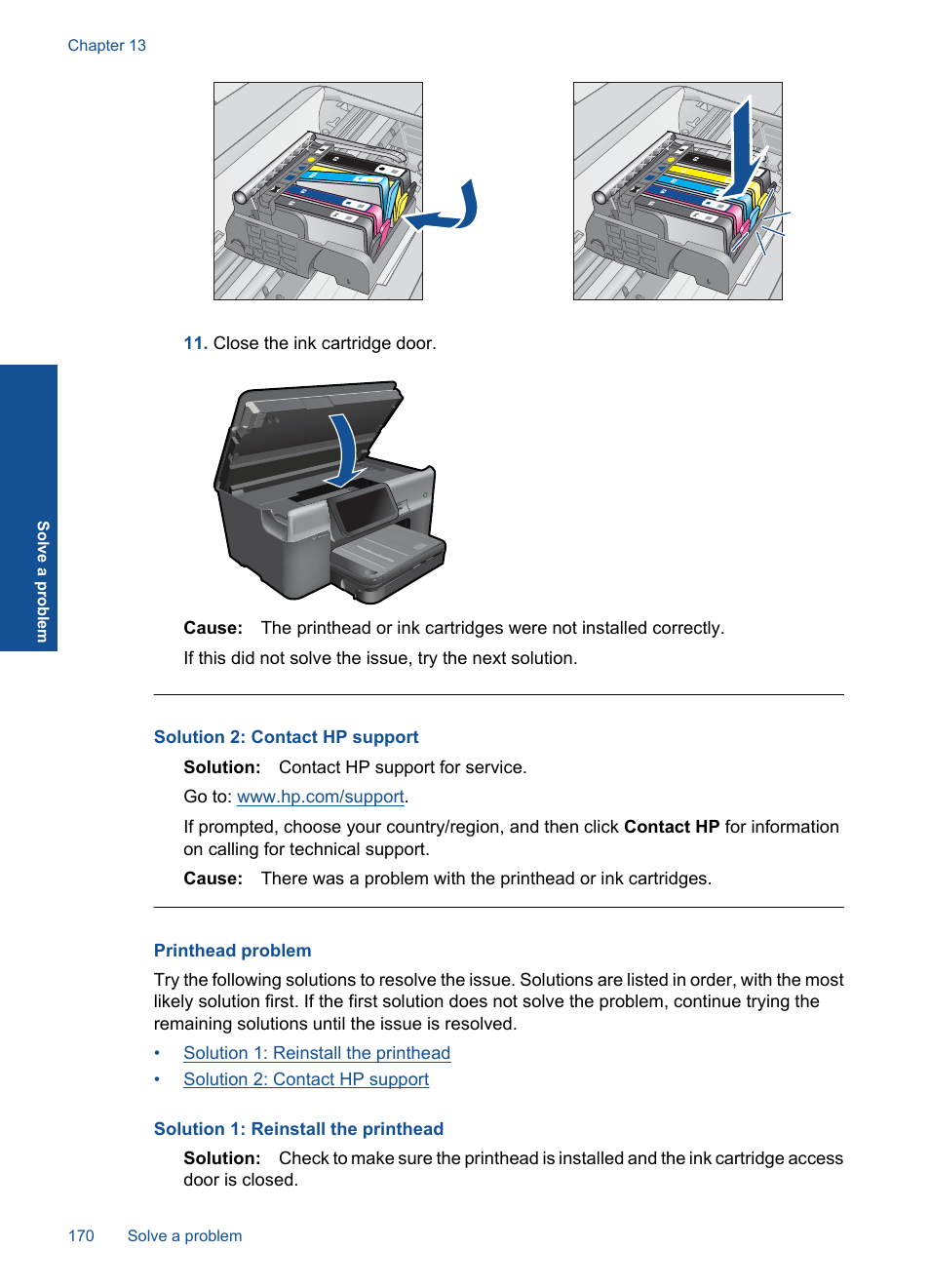 Printhead problem | HP Photosmart Premium TouchSmart Web C309 User Manual | Page 173 / 209