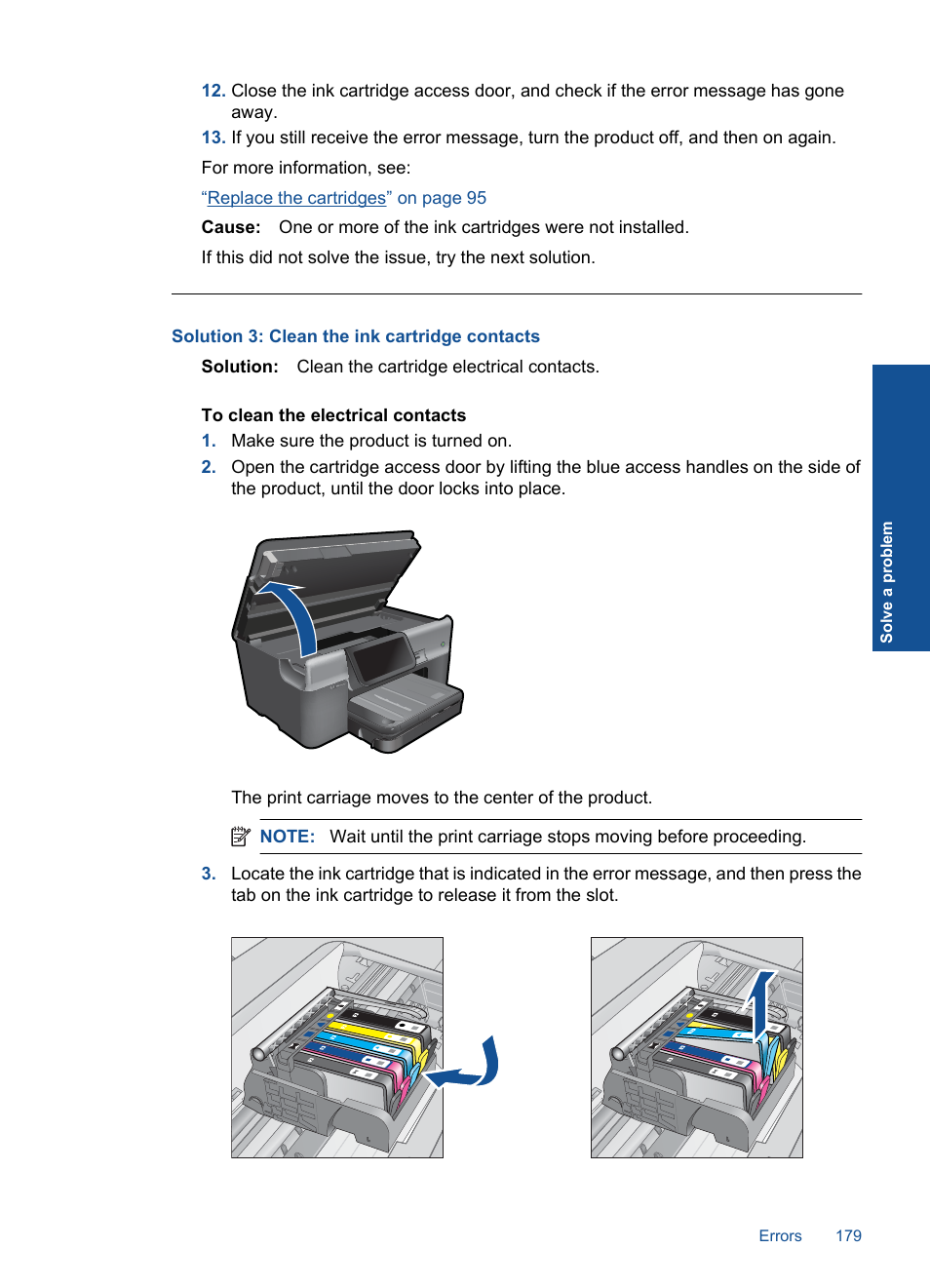 Solution 3: clean the ink cartridge contacts | HP Photosmart Premium TouchSmart Web C309 User Manual | Page 182 / 209