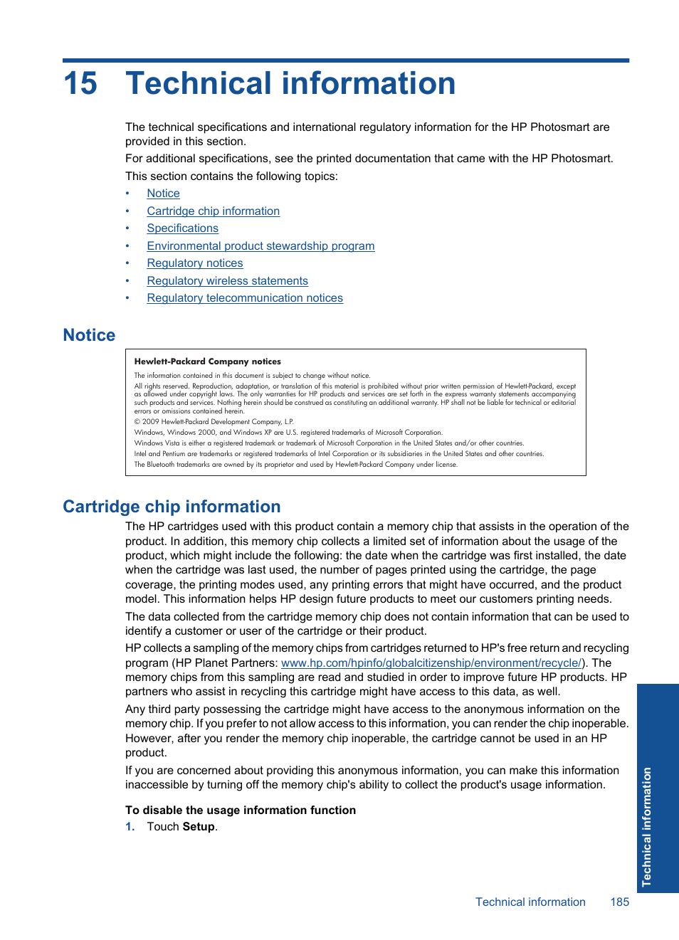 Technical information, Notice, Cartridge chip information | 15 technical information, Notice cartridge chip information | HP Photosmart Premium TouchSmart Web C309 User Manual | Page 188 / 209