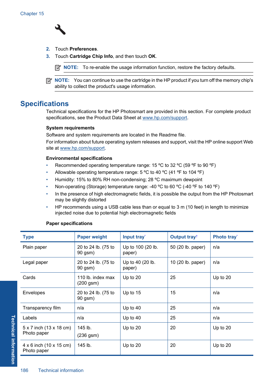 Specifications | HP Photosmart Premium TouchSmart Web C309 User Manual | Page 189 / 209