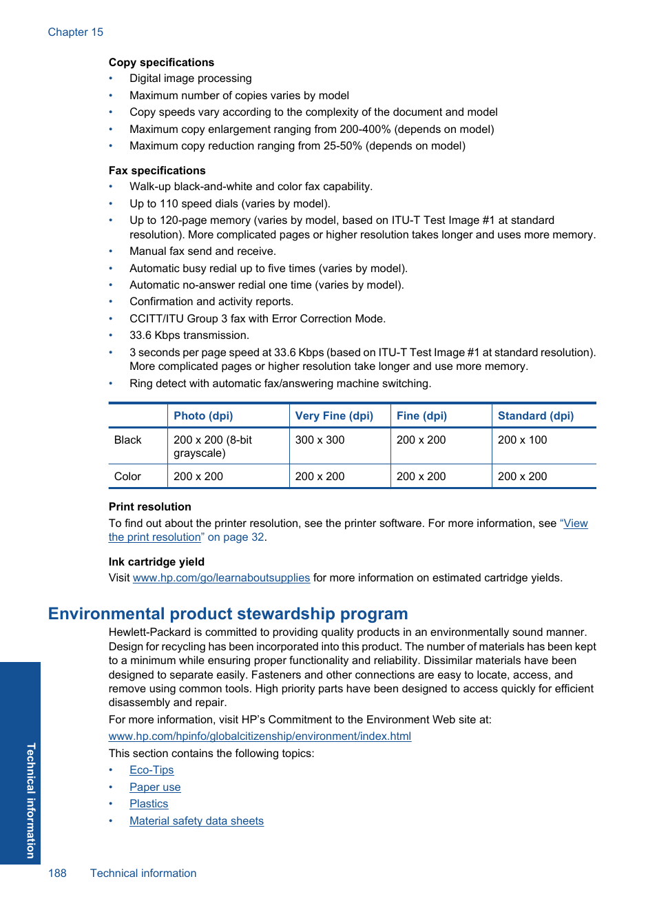 Environmental product stewardship program | HP Photosmart Premium TouchSmart Web C309 User Manual | Page 191 / 209