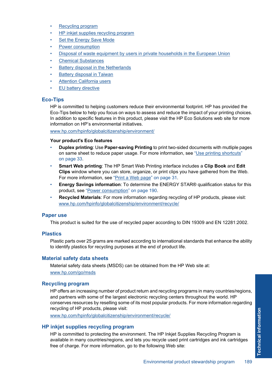 Eco-tips, Paper use, Plastics | Material safety data sheets, Recycling program, Hp inkjet supplies recycling program | HP Photosmart Premium TouchSmart Web C309 User Manual | Page 192 / 209