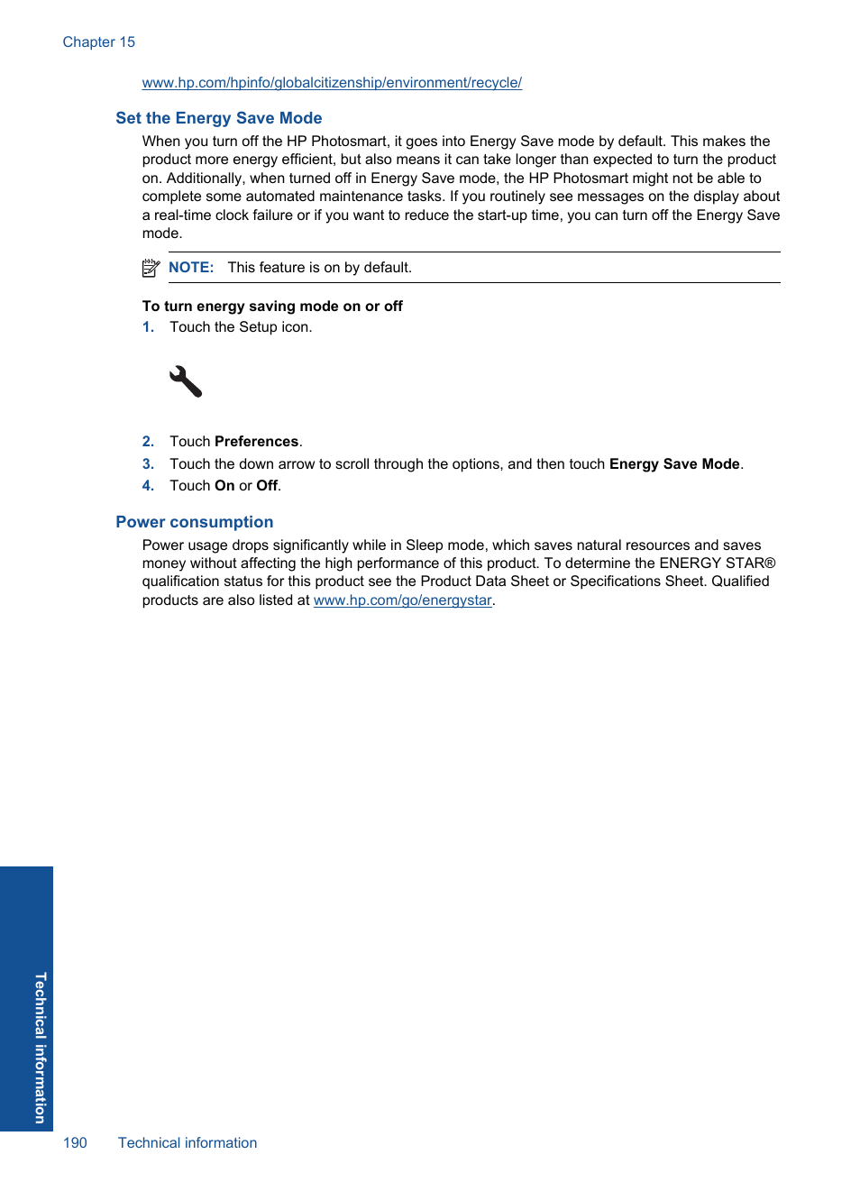 Set the energy save mode, Power consumption | HP Photosmart Premium TouchSmart Web C309 User Manual | Page 193 / 209