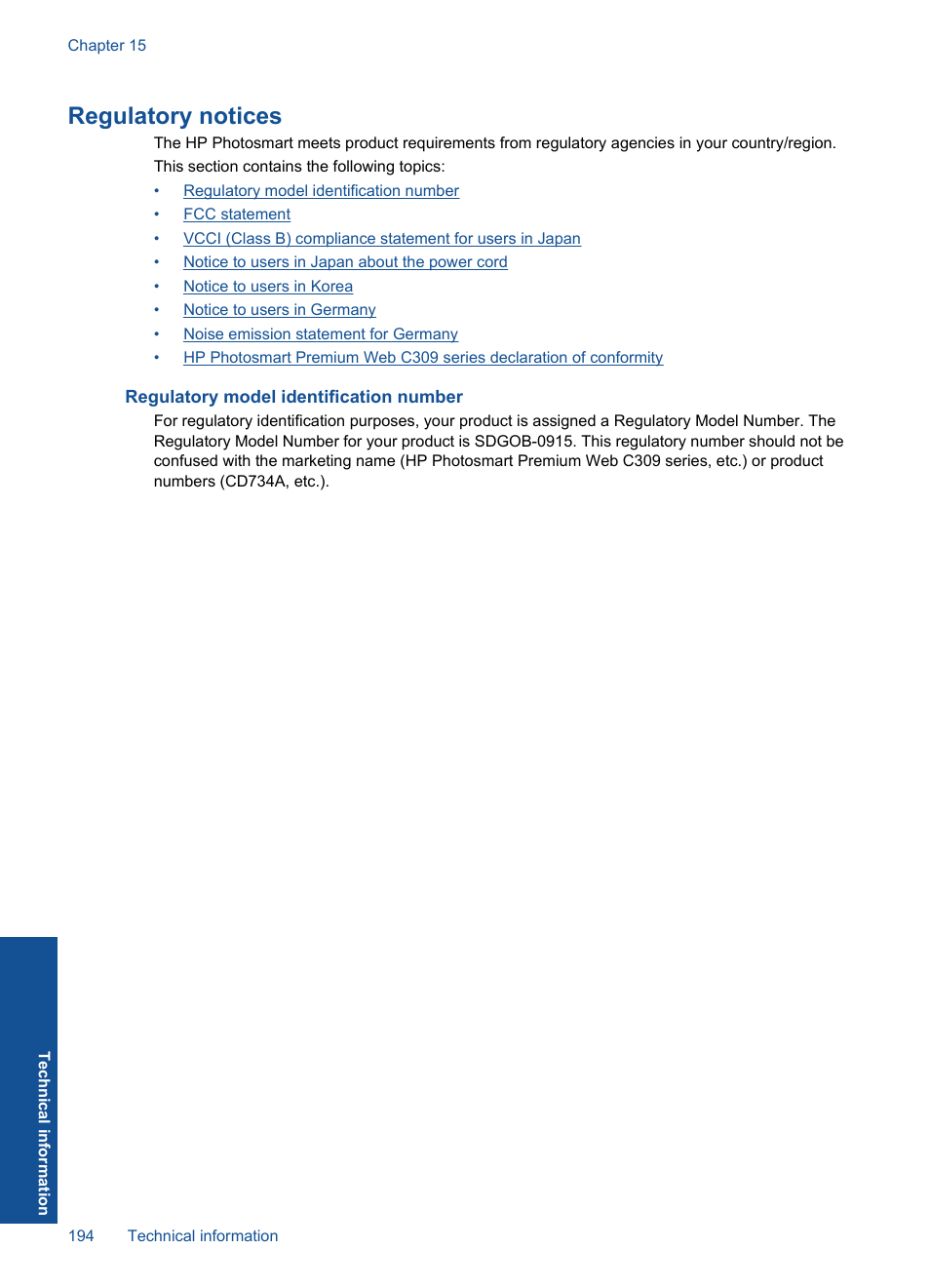Regulatory notices, Regulatory model identification number | HP Photosmart Premium TouchSmart Web C309 User Manual | Page 197 / 209