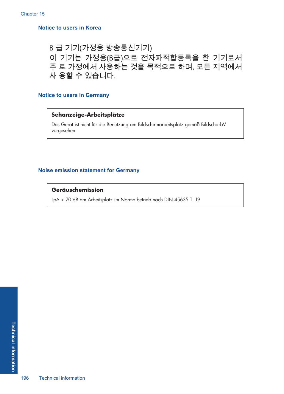 Notice to users in korea, Notice to users in germany, Noise emission statement for germany | HP Photosmart Premium TouchSmart Web C309 User Manual | Page 199 / 209