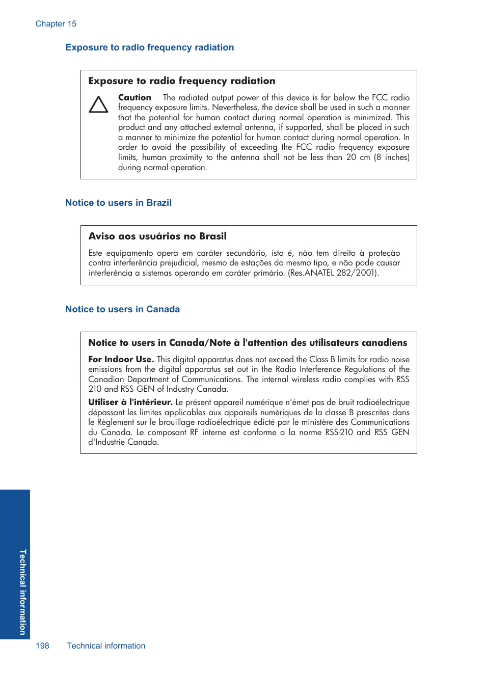 Exposure to radio frequency radiation, Notice to users in brazil, Notice to users in canada | HP Photosmart Premium TouchSmart Web C309 User Manual | Page 201 / 209