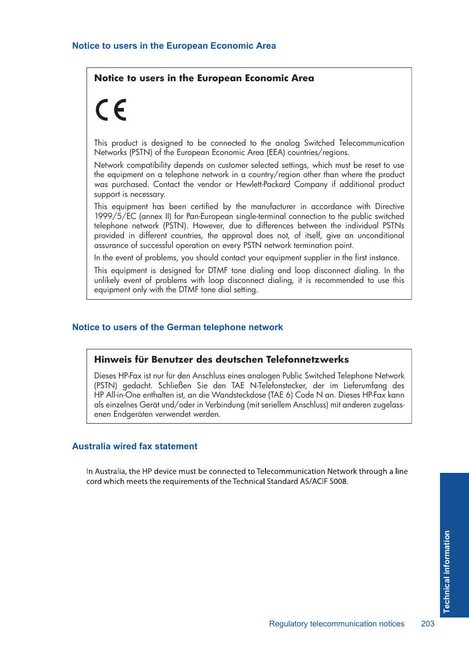 Notice to users in the european economic area, Notice to users of the german telephone network, Australia wired fax statement | HP Photosmart Premium TouchSmart Web C309 User Manual | Page 206 / 209