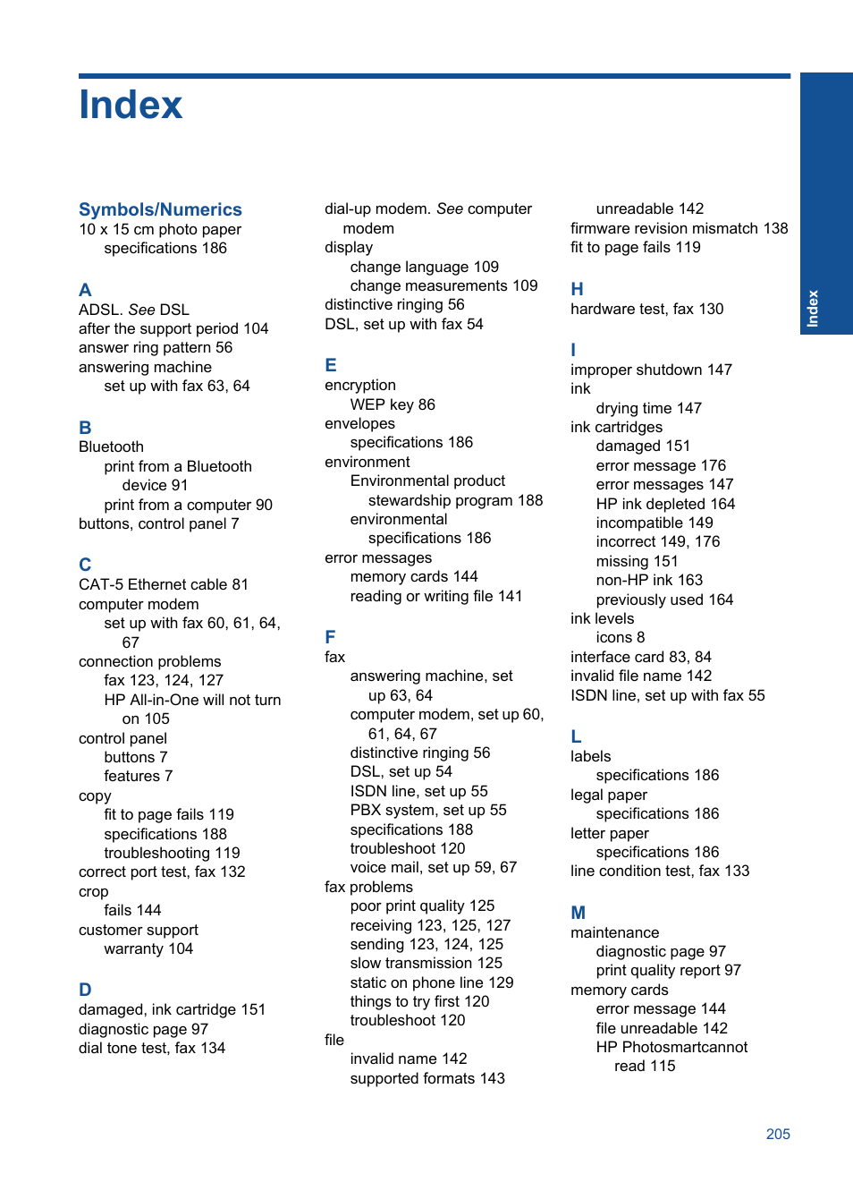 Index | HP Photosmart Premium TouchSmart Web C309 User Manual | Page 208 / 209