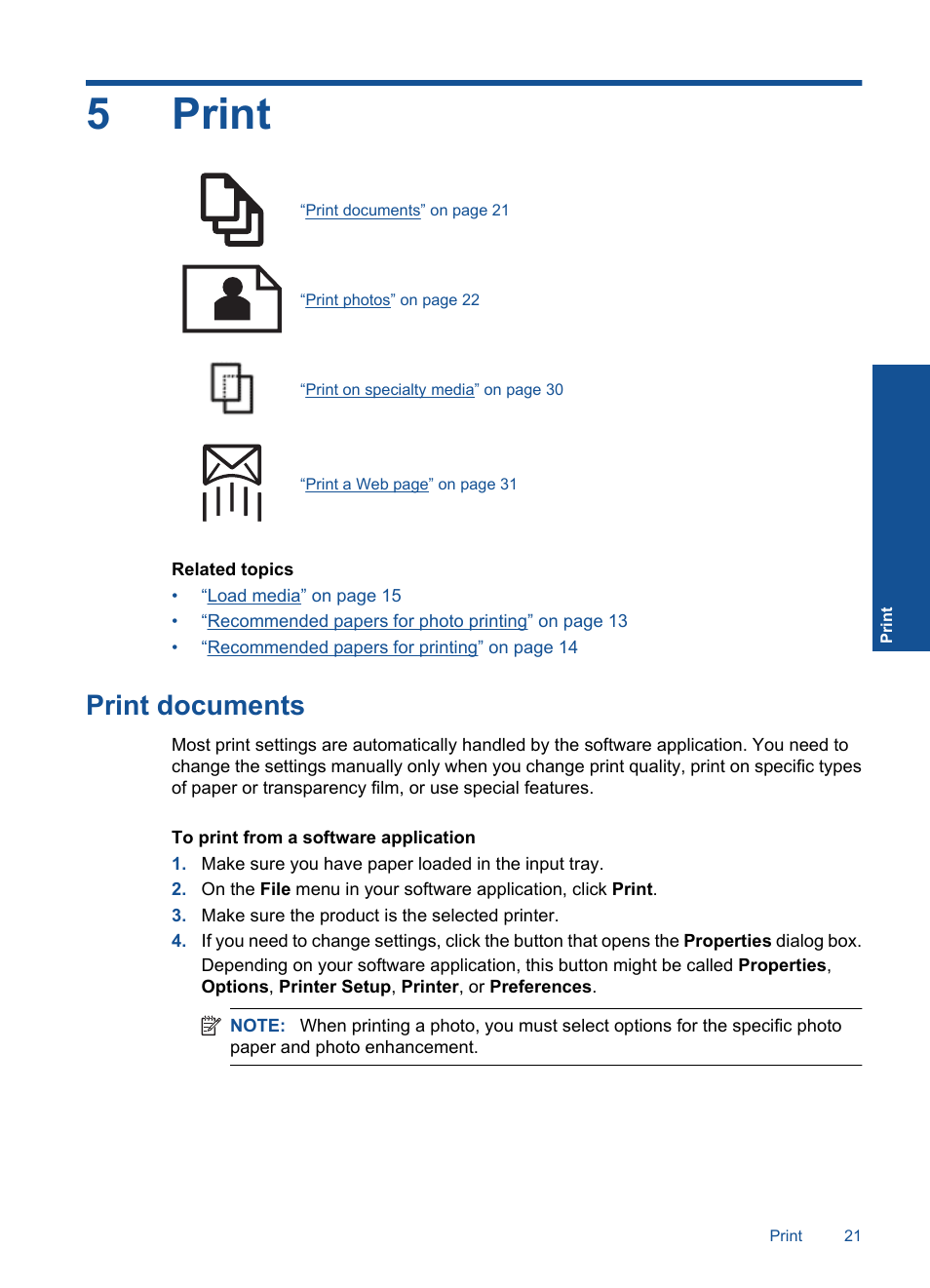 Print, Print documents, 5 print | 5print | HP Photosmart Premium TouchSmart Web C309 User Manual | Page 24 / 209