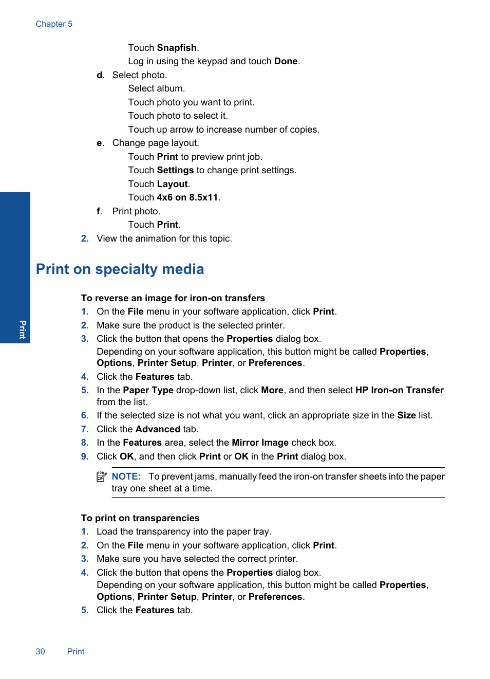 Print on specialty media | HP Photosmart Premium TouchSmart Web C309 User Manual | Page 33 / 209