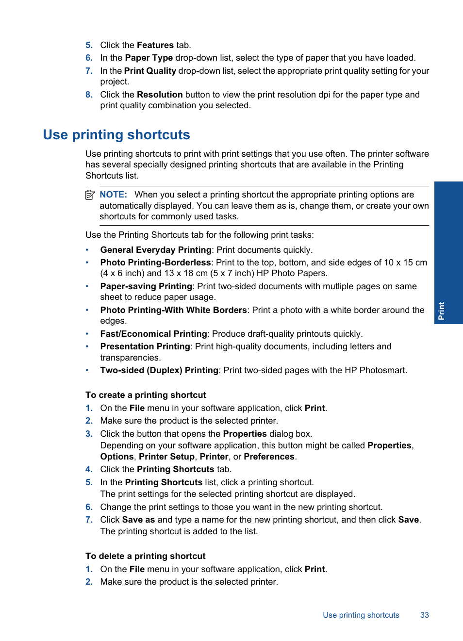 Use printing shortcuts | HP Photosmart Premium TouchSmart Web C309 User Manual | Page 36 / 209