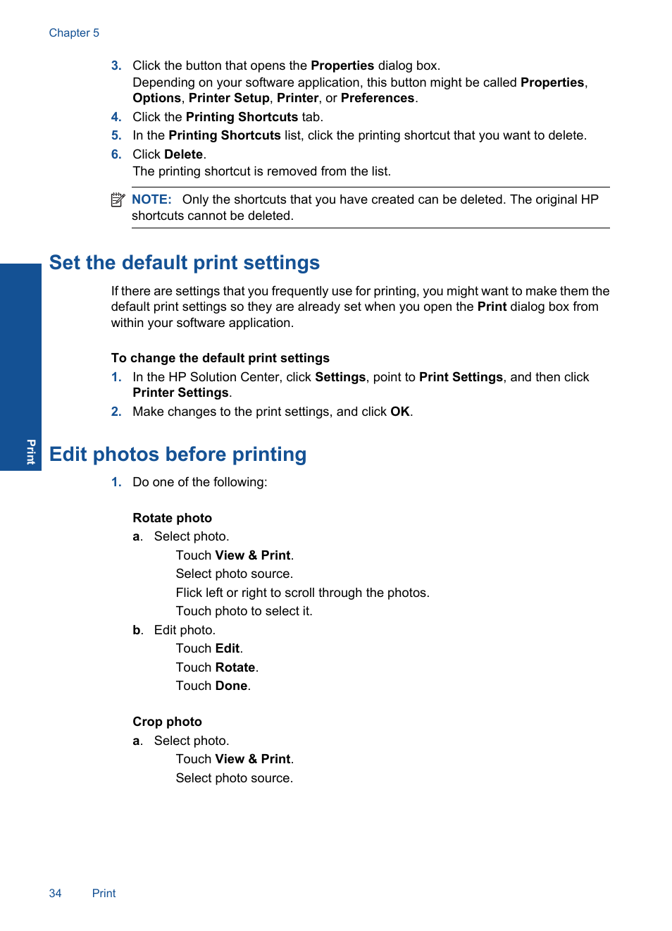 Set the default print settings, Edit photos before printing | HP Photosmart Premium TouchSmart Web C309 User Manual | Page 37 / 209