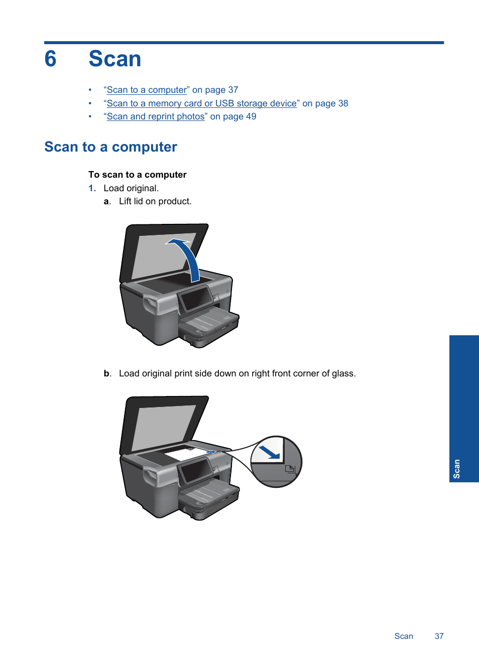 Scan, Scan to a computer, 6 scan | 6scan | HP Photosmart Premium TouchSmart Web C309 User Manual | Page 40 / 209