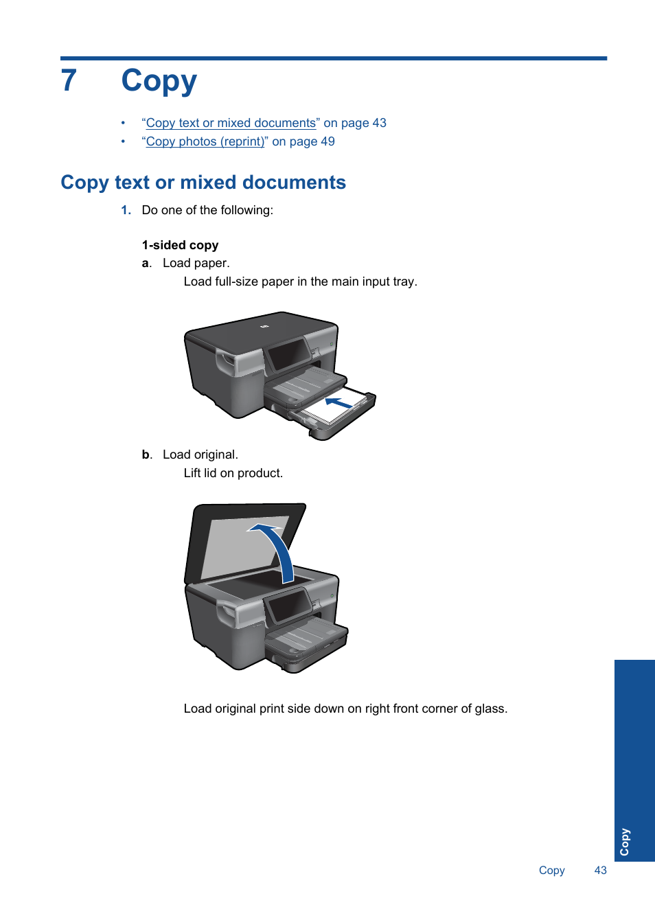 Copy, Copy text or mixed documents, 7 copy | 7copy | HP Photosmart Premium TouchSmart Web C309 User Manual | Page 46 / 209