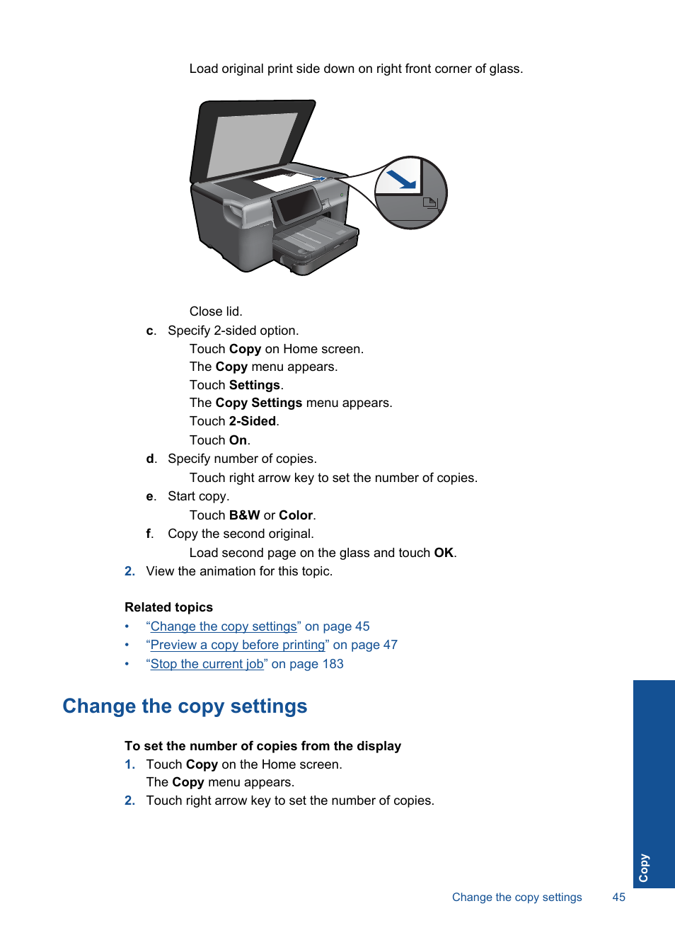 Change the copy settings | HP Photosmart Premium TouchSmart Web C309 User Manual | Page 48 / 209