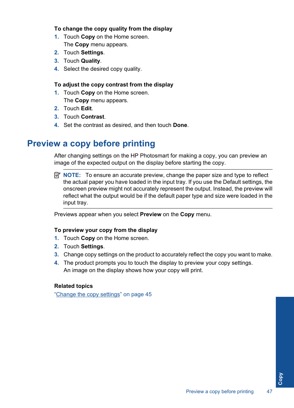 Preview a copy before printing | HP Photosmart Premium TouchSmart Web C309 User Manual | Page 50 / 209