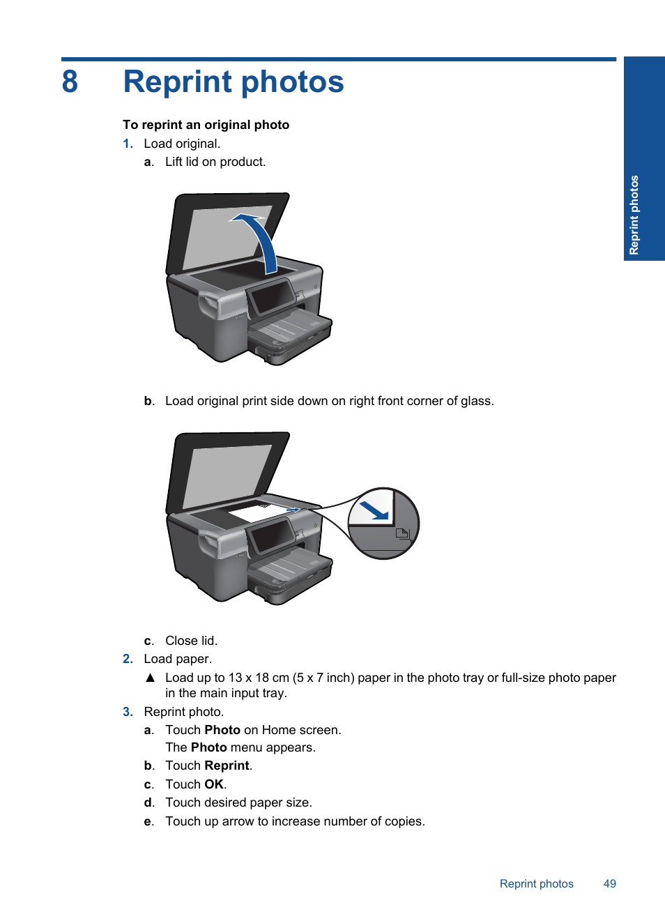 Reprint photos, 8 reprint photos, 8reprint photos | HP Photosmart Premium TouchSmart Web C309 User Manual | Page 52 / 209