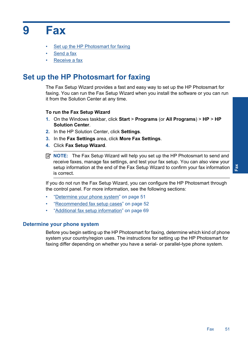 Set up the hp photosmart for faxing, 9 fax, 9fax | HP Photosmart Premium TouchSmart Web C309 User Manual | Page 54 / 209