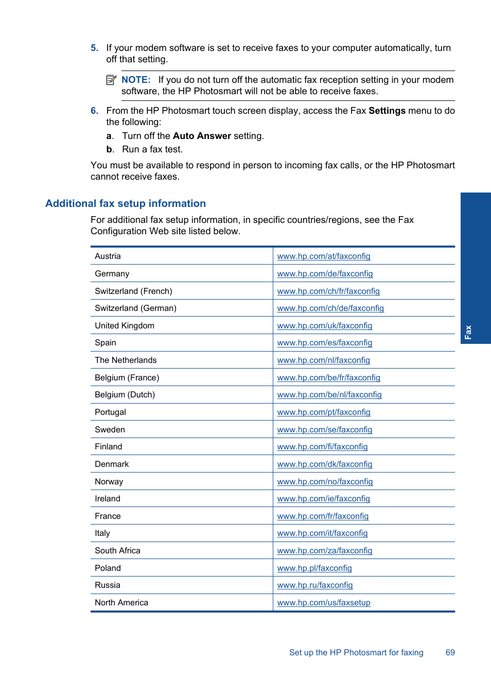 Additional fax setup information | HP Photosmart Premium TouchSmart Web C309 User Manual | Page 72 / 209