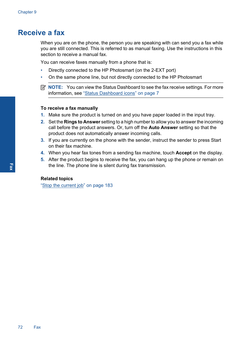 Receive a fax | HP Photosmart Premium TouchSmart Web C309 User Manual | Page 75 / 209