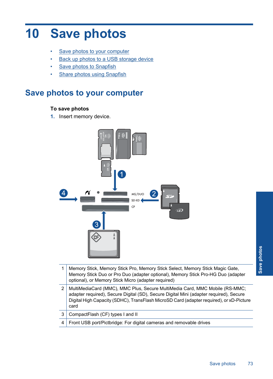 Save photos, Save photos to your computer, 10 save photos | HP Photosmart Premium TouchSmart Web C309 User Manual | Page 76 / 209