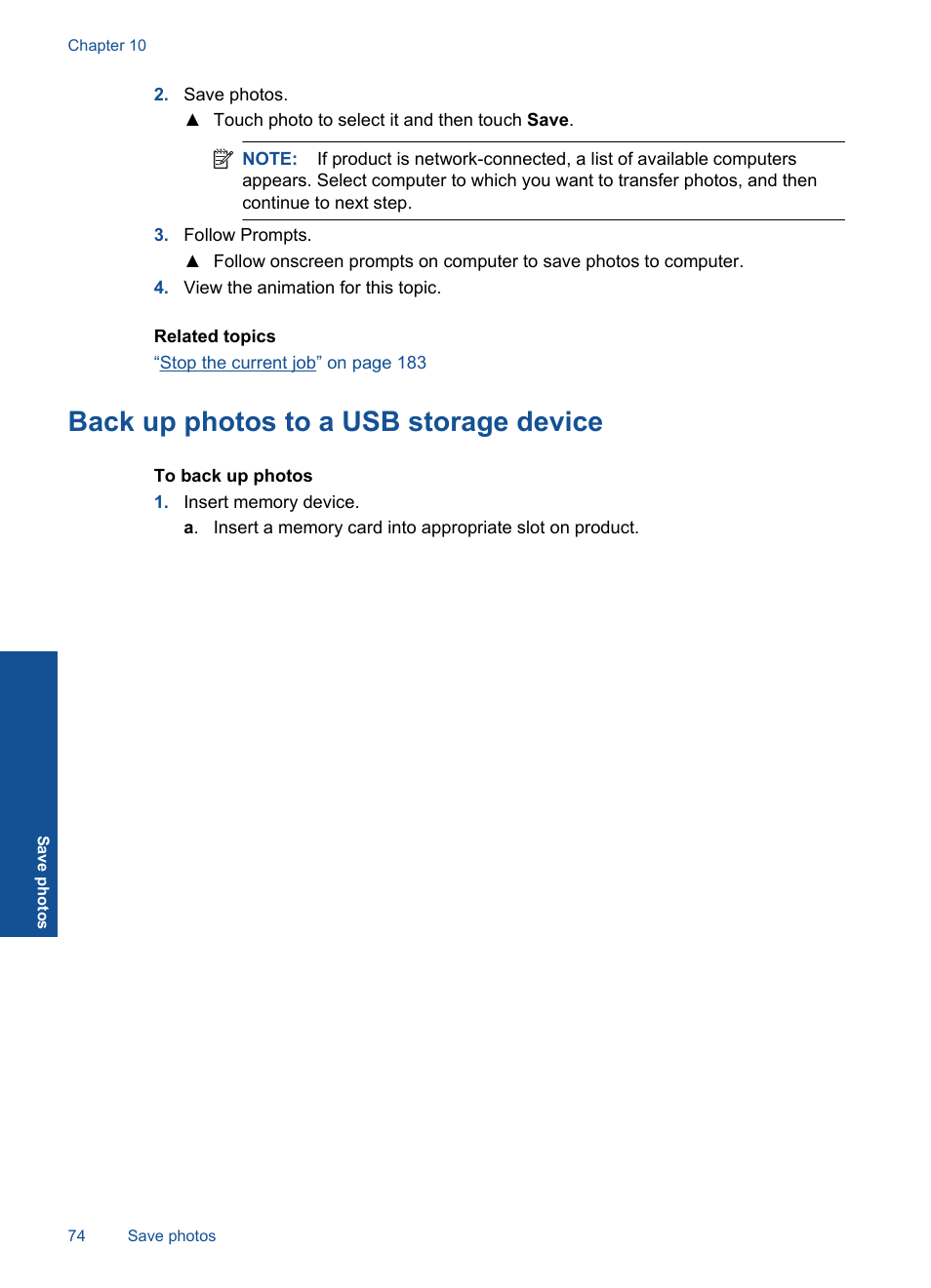 Back up photos to a usb storage device | HP Photosmart Premium TouchSmart Web C309 User Manual | Page 77 / 209