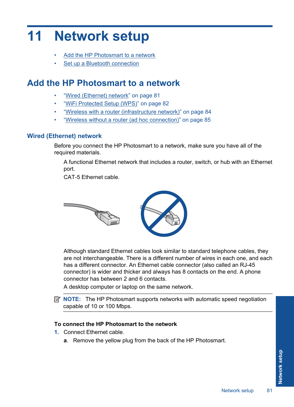 Network setup, Add the hp photosmart to a network, 11 network setup | HP Photosmart Premium TouchSmart Web C309 User Manual | Page 84 / 209