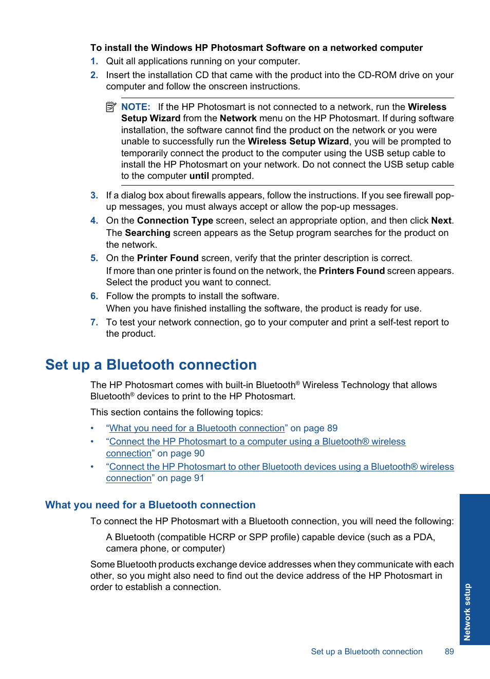 Set up a bluetooth connection | HP Photosmart Premium TouchSmart Web C309 User Manual | Page 92 / 209