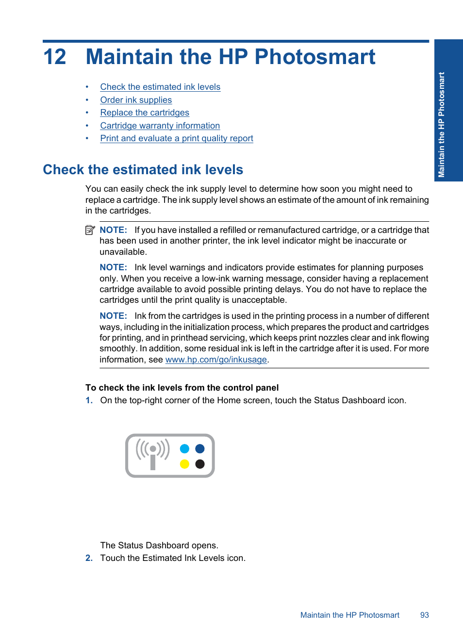 Maintain the hp photosmart, Check the estimated ink levels, 12 maintain the hp photosmart | HP Photosmart Premium TouchSmart Web C309 User Manual | Page 96 / 209