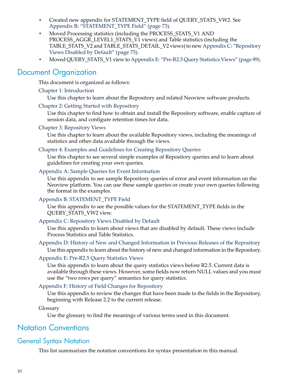 Document organization, Notation conventions, General syntax notation | Document organization notation conventions | HP Neoview Release 2.5 Software User Manual | Page 10 / 142