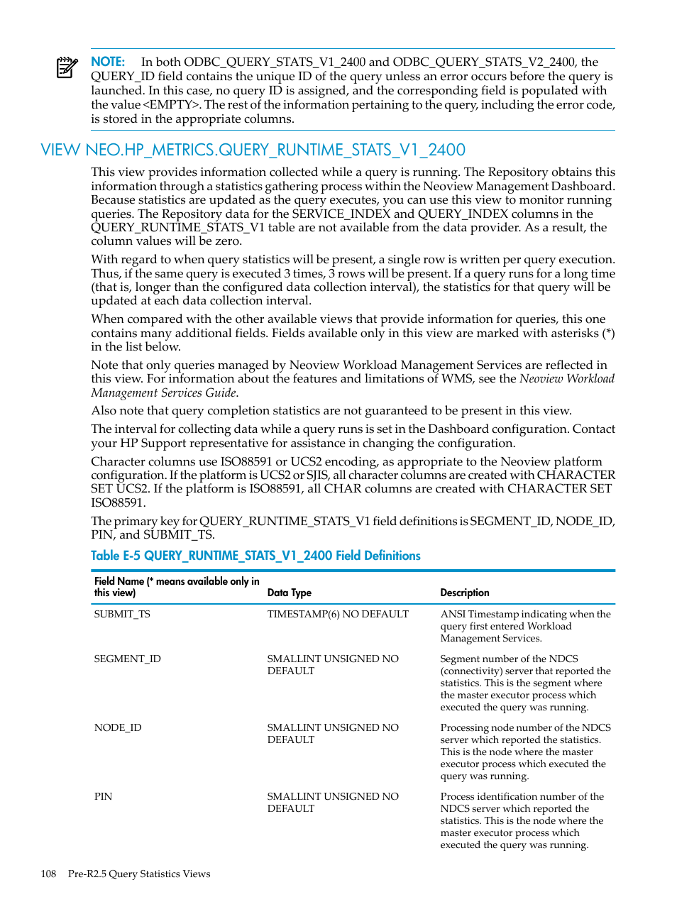 View neo.hp_metrics.query_runtime_stats_v1_2400, Query_runtime_stats_v1_2400 field definitions | HP Neoview Release 2.5 Software User Manual | Page 108 / 142